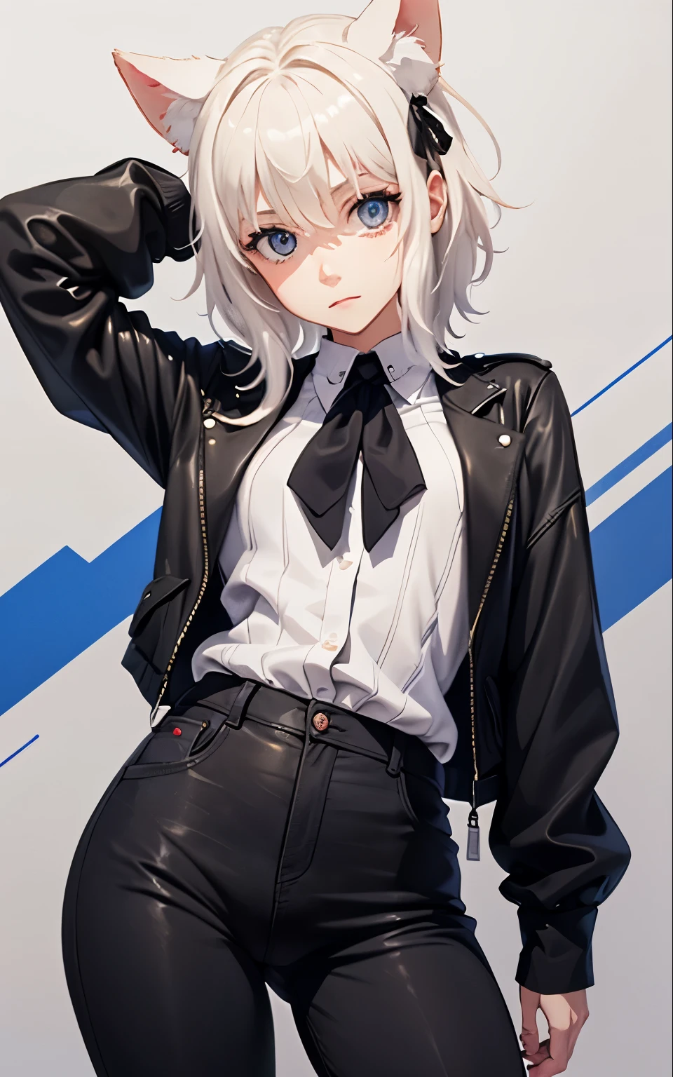 tmasterpiece, shorter pants, nabel, 鎖骨, tmasterpiece, best qualtiy, A high resolution, Dark persona, watercolor painting theme, (looki at viewer: 1.1), Wide buttock, The large, standing on your feet, curving, tojo koneko, The eye, White hair, short detailed hair, Hair decoration, white shirt, Black ribbon around the neck,