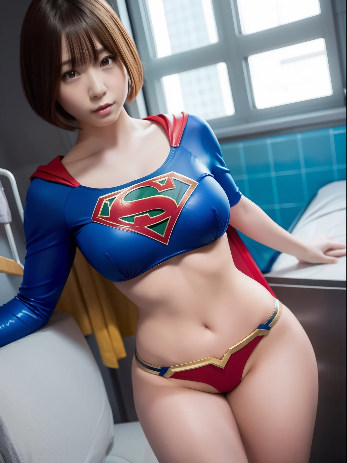 masterpiece,Supergirl Costume, short-hair, bare-legged, large full breasts,surgery room、Operating table、straddle、depraved、shiny、Looking at the camera、Provocation