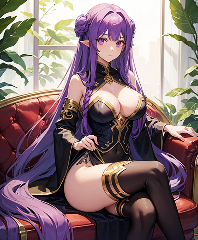 1 girl, very long hair, long hair, long purple hair, purple eyes, big breasts, wide thighs, tall, pretty, very pretty, medusa-FGO, medusa-rider, Peruvian soccer polo, sitting in an armchair