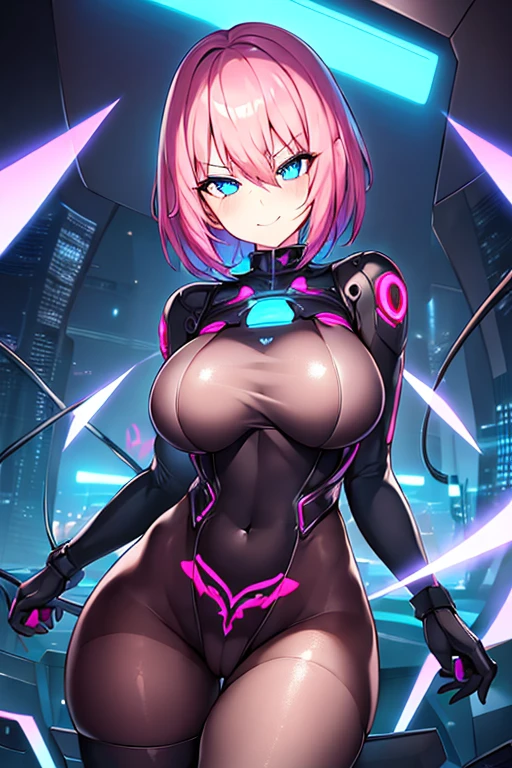 1girl, mind control, heart-shaped pupils, hypnosis, pink hair, very short hair, bodysuit, black bodysuit, pantyhose, blue eyes, pubic tattoo, ((pubic tattoo)), large breasts, thick thighs, breasts, wide hips, futuristic, tech, science-fiction, machinery, neon, neon trim, smirk, smug, black pantyhose
