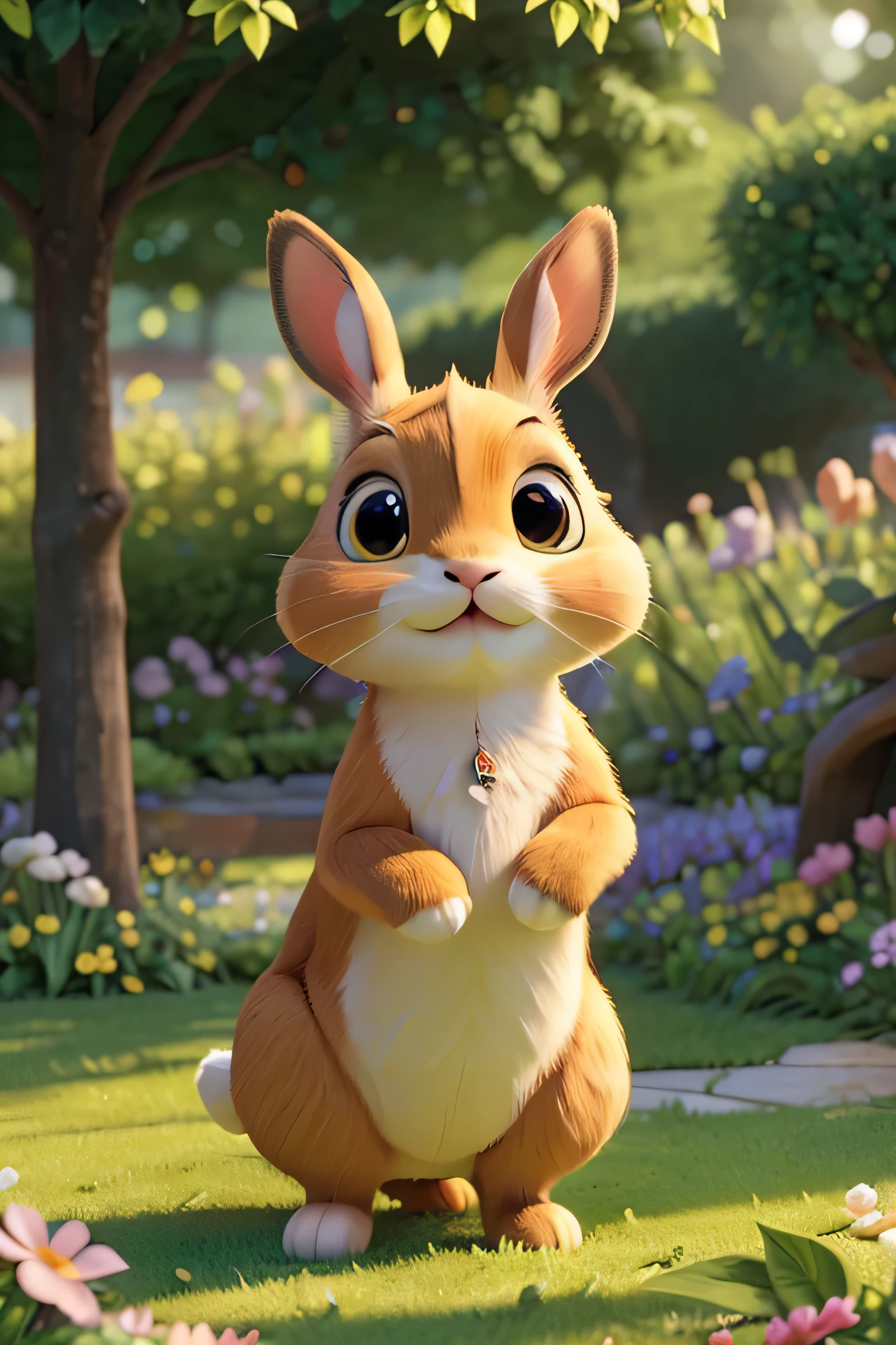 Um coelho fofo brincando em um lindo jardim, cercado por flores coloridas, grama verde exuberante, and tall trees. The rabbit has fluffy and adorable fur, olhos redondos. The garden is filled with the sweet scent of blooming flowers, and there's a gentle breeze rustling the leaves. A luz do sol banha o jardim com um brilho quente, criando sombras suaves. The rabbit is happy and full of energy, pulando e explorando o jardim com seu rabo abanando. The grass under his paws is soft and tickles his furry belly. The garden is well maintained, com sebes bem aparadas e uma fonte decorativa no centro. A curiosidade do coelho leva-o a cheirar e investigar cada recanto do jardim, bringing a sense of liveliness to the scene. The overall image quality is of the best quality, with ultra-detailed features and a realistic look. The colors are vibrant and vivid, aumentando a atmosfera alegre. The lighting is soft and natural, highlighting the beauty of the garden and the rabbit. This work of art resembles an adorable portrait captured in a storybook