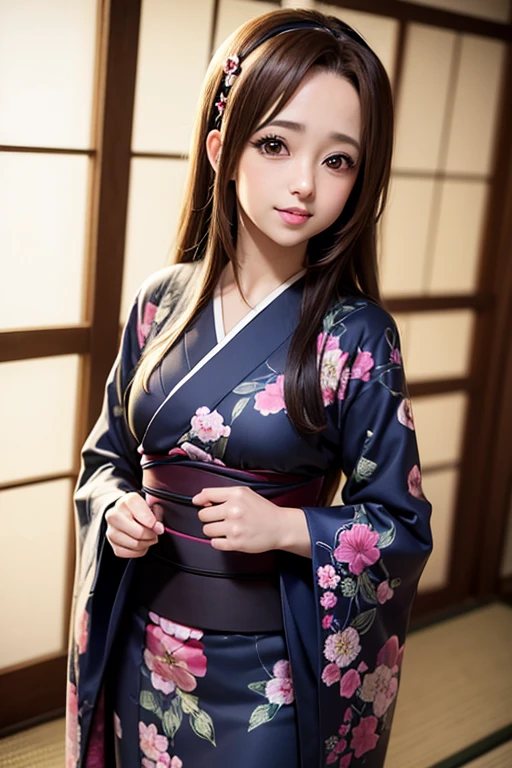 (masterpiece, best quality: 1.2), Solo, 1girl, Tainaka Ritsu, k-on, brown eyes,anime style, ((((ultra illustrated style: 1.0)))),best quality,masterpiece,1girl,((((tainaka ritsu)))), ((((k-on)))), brown eyes, brown hair, hairband, short hair, female, {{{{{{heart-shaped pupils}}}}}}, beautiful detailed kimono, japanese pattern print, floral print