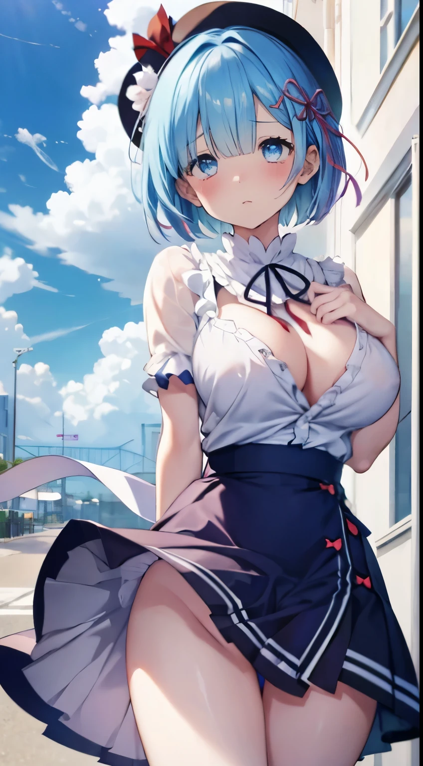 1womanl,Blue hair,Red ribbons ,((Surprised look)),Beautiful breasts,very Bigger breasts、Blue eyes、huge tit、white  shirt,Blue dress,well-styled,Slender thighs,beautiful legs、(Facing the front)(((Blushing cheeks、embarassed expression)),(((The skirt is rolled up by the wind)))、Long bob cut、Rem of Rezero、No panties、No panties、No bra