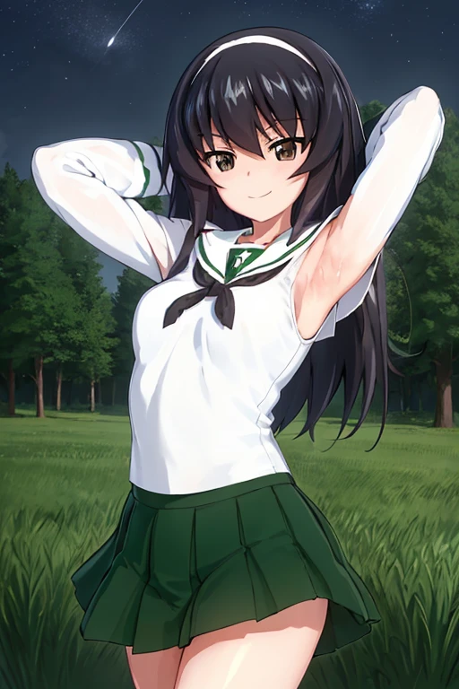 masterpiece,best quality, 1girl,solo,girls und panzer, reizei mako,long hair, small breasts, white hairband, ooarai school uniform,white shirt,black handkerchief,green skirt, closed mouth, contrapposto, spread armpits, arms behind head, forest, night sky, expressionless, smile,