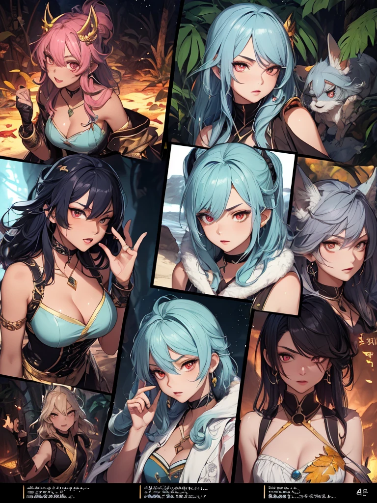 ((master-piece)),(((bestquality))),(Character design sheet, Same character..., Front, side), A Beautiful Girl,blue hair, albio, Red Eyes, long-haired, annoyed, Front leaf only, Separate from each other..., fins, balance, jewelry, sharpt teeth, shouting, sparkling eyes, high-detail, ((4 expressions)), Jungle theme, ((Scab on the front leaves, Glossy lips, Glossy skin, (((There are only four fronts.))), (((Only four references)))