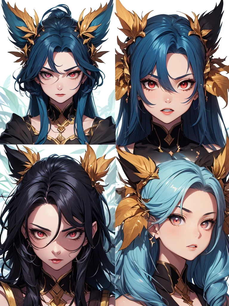 ((master-piece)),(((bestquality))),(Character design sheet, Same character..., Front, side), A Beautiful Girl,blue hair, albio, Red Eyes, long-haired, annoyed, Front leaf only, Separate from each other..., fins, balance, jewelry, sharpt teeth, shouting, sparkling eyes, high-detail, ((4 expressions)), Jungle theme, ((Scab on the front leaves, Glossy lips, Glossy skin, (((There are only four fronts.))), (((Only four references)))