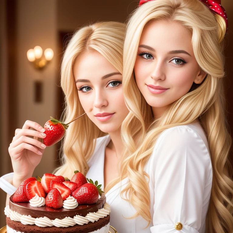 (best quality,4k,8k,high res,masterpiece:1.2),ultra-detailed, photorealistic, flaxen blonde hair,long hair, Mature and beautiful, realistic depiction:1.2 Sailor Moon eating chocolate strawberry cake