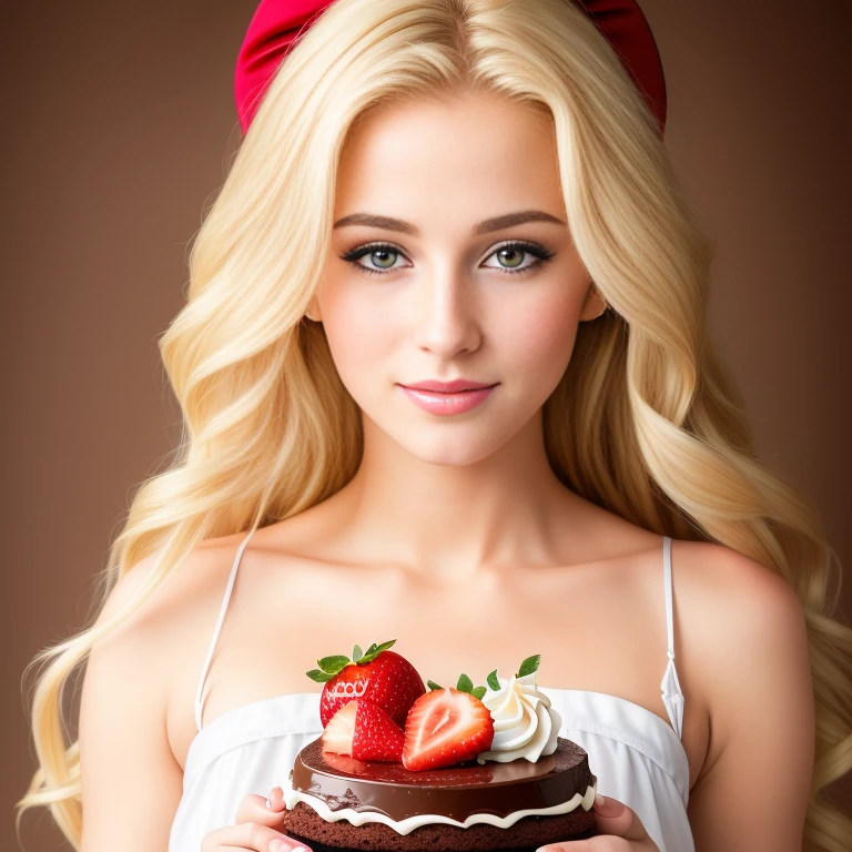 (best quality,4k,8k,high res,masterpiece:1.2),ultra-detailed, photorealistic, flaxen blonde hair,long hair, Mature and beautiful, realistic depiction:1.2 Sailor Moon eating chocolate strawberry cake