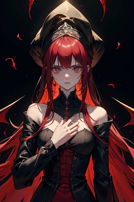 (high qualiy, high resolution, fine-details), black fantasy, Gothic medieval castle, a dark queen in a dark castle, red and black lace dress, standing alone, curvy adult women, Red hair, (eerie glowing red eyes:1.2), (detailedeyes:1.2), ssmile, sweat, greasy skin, dramatic lighting, dramatic shadows, temperamental atmosphere, cinematic, Shallow depth of field
