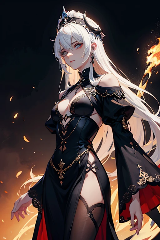 Goddess of the apocalypse with long white hair, pale skin, blood red eyes, large breasts, long black dress with gold stitching on the sides, apocalyptic wasteland with a blood moon in the sky, black blindfold