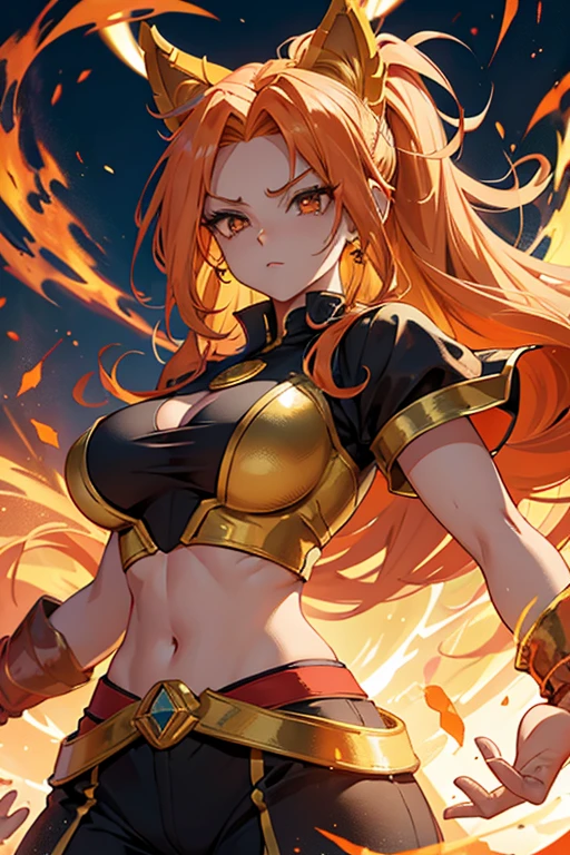 mulher super saiyan 4. Seus olhos, normalmente castanhos, transformam-se em um tom dourado vibrante quando ela atinge essa forma poderosa. Transforming into Super Saiyan 4 adds red-orange fur that covers much of his body, combinando perfeitamente com sua cauda, que se torna mais longa e densa. Marcas faciais tribais aparecem em ambos os lados de seu rosto, adding a fierce touch to your appearance. Quando se transforma em Super Saiyan 4, part of her clothing comes undone to accommodate the transformation, revealing the raw strength and pulsating energy that emanates from her.