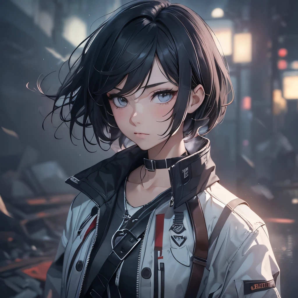 (masterpiece), 8k cg, stunningly beautiful girl, intricate details, chromatic aberration, ((bust shot)), ((looking at viewer)), 1girl, (short black hair, tomboy, white shirt, black gloves, jacket, long pants, grey pants, belt, thigh strap), extremely beautiful and delicate portrait, 16 year old, frown, blush, makeup, absurdres, cinematic lighting, dynamic lighting, fantasy, ((dark background, fog))