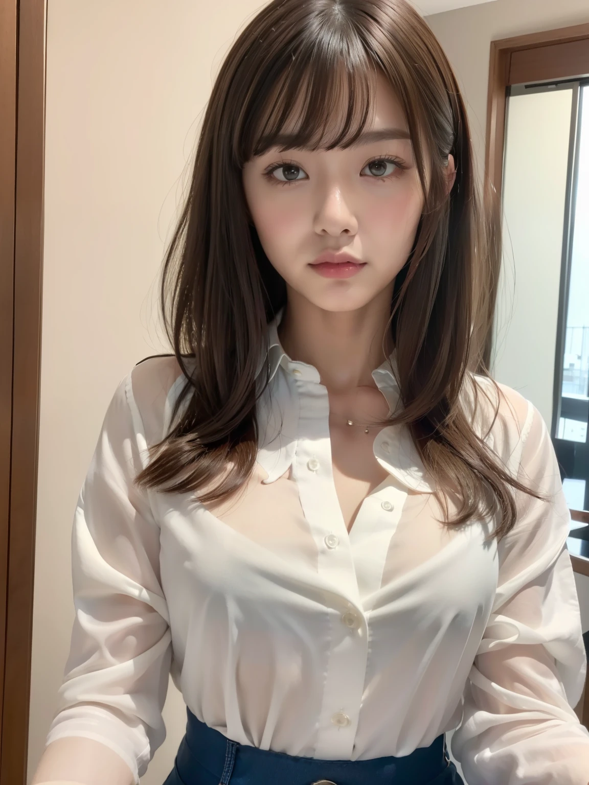 ((top-quality、8K、​masterpiece:1.3))、Japan beauties、Perfect Body Beauty:1.4、Slim abs:1.2、((hair messy、oblique bangs)、(Long Button Shirt:1.1)、tight skirts、age19、Highly detailed facial and skin texture、A detailed eye、二重まぶた、Aspect of looking at the camera