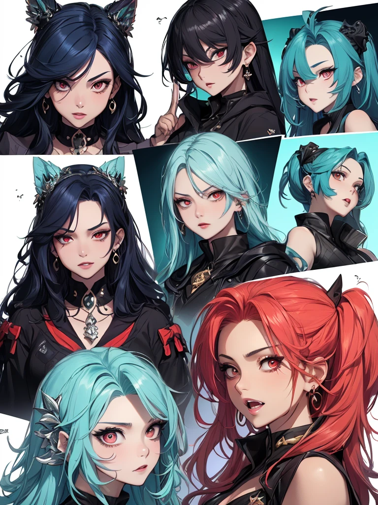 ((master-piece)),(((bestquality))),(Character design sheet, Same character..., Front, side), A Beautiful Girl,blue hair, albio, Red Eyes, long-haired, annoyed, ใบFrontเท่านั้น, Separate from each other..., fins, balance, jewelry, sharpt teeth, shouting, sparkling eyes, high-detail, ((4 expressions)), Jungle theme, ((ตกสะเก็ดบนใบFront, Glossy lips, Glossy skin, (((มีสี่Frontเท่านั้น))), (((Only four references)))