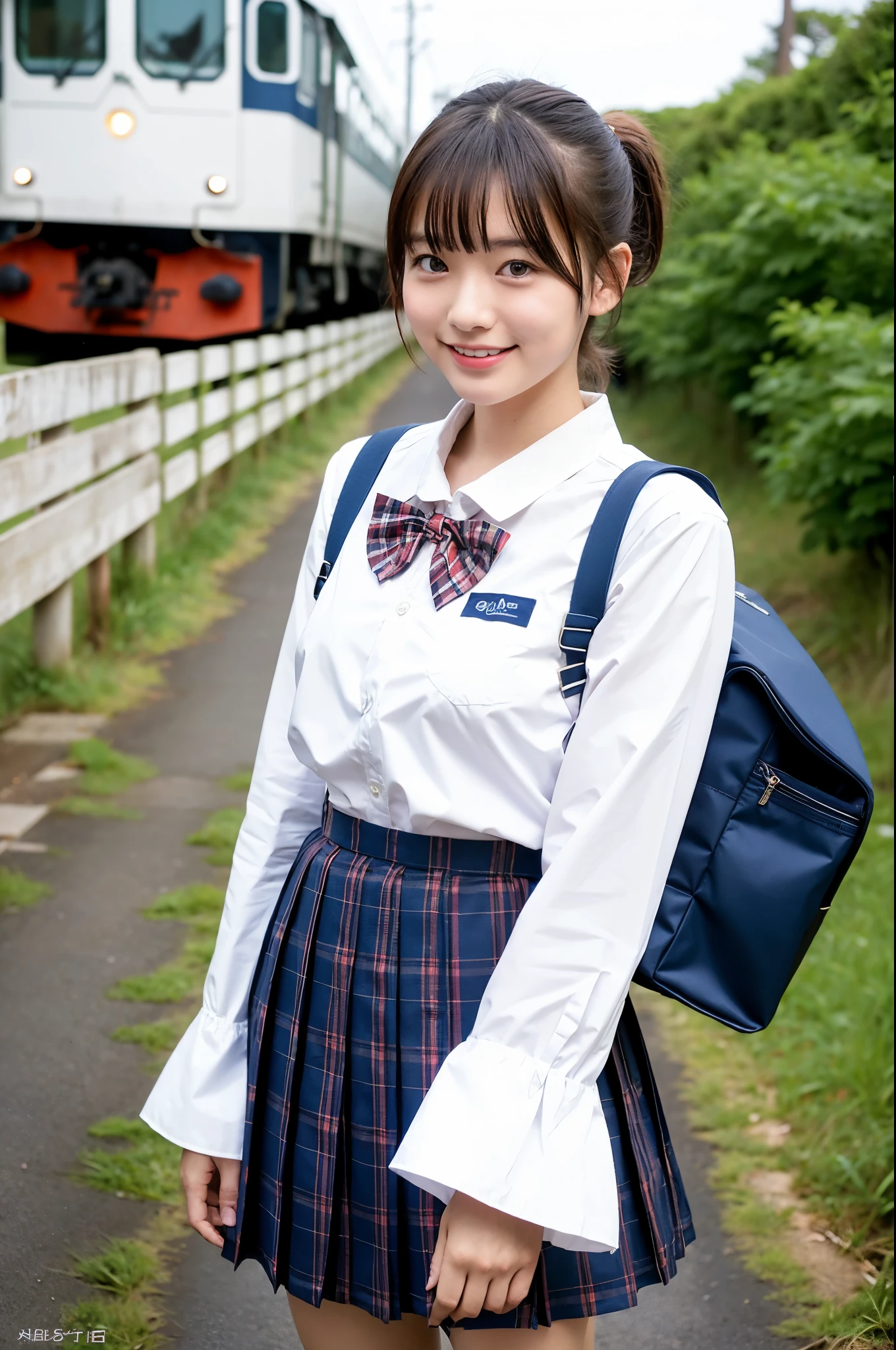 girl on rural path,long-sleeved white sailor shirt with plaid red bow tie,navy blue pleated skirt,school bag,Hokkaido Railway train on background,18-year-old,bangs,a little smile,thighs,short cut hair,low ponytail,from beside,frontlighting