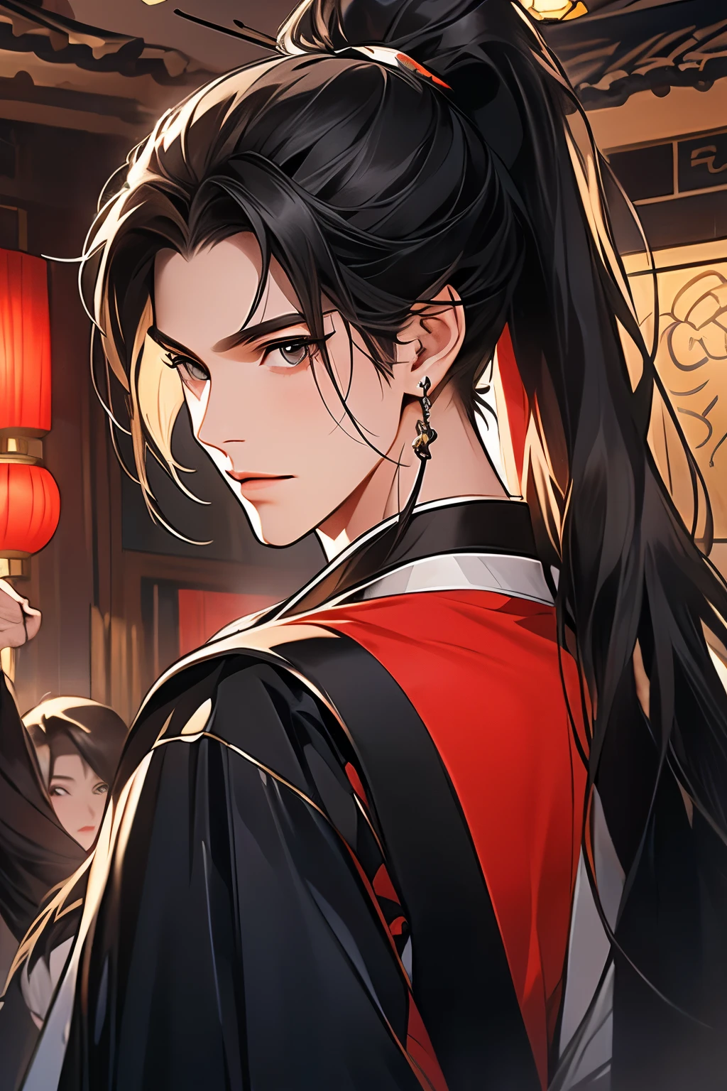 Black Hanfu男子，high ponytails，the only person，The wind blows through Hanfu，asian architecture interior，a sense of atmosphere，Dutch Angle Shot,gentlesoftlighting,Upper part of the body，Black Hanfu，longer sleeves，ssmile，dining room，Chinese furniture，Black Hanfu，Black Hanfu，