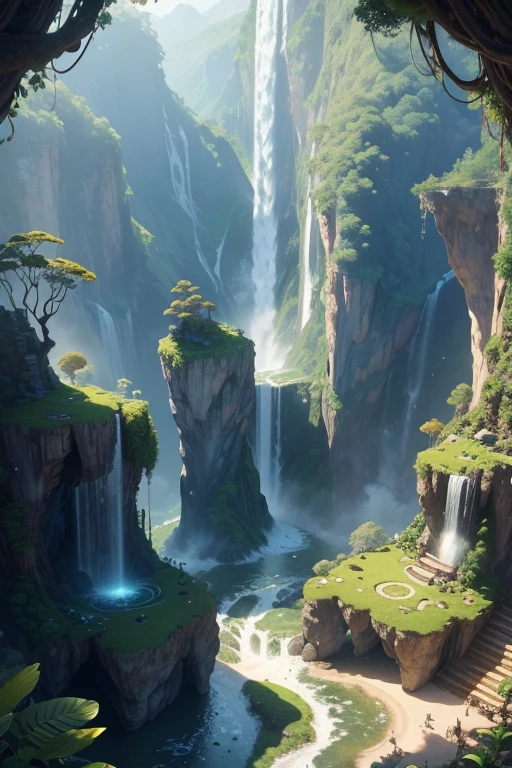 Masterpiece, best quality, (extremely detailed CG unity 8k wallpapers), (best quality), (best illustrations), (best shadows), land suspended in the air with vines on the base , with tropical rainforest on both sides, with waterfalls falling from above, isometric 3D, octane rendering, ray tracing, super detailed