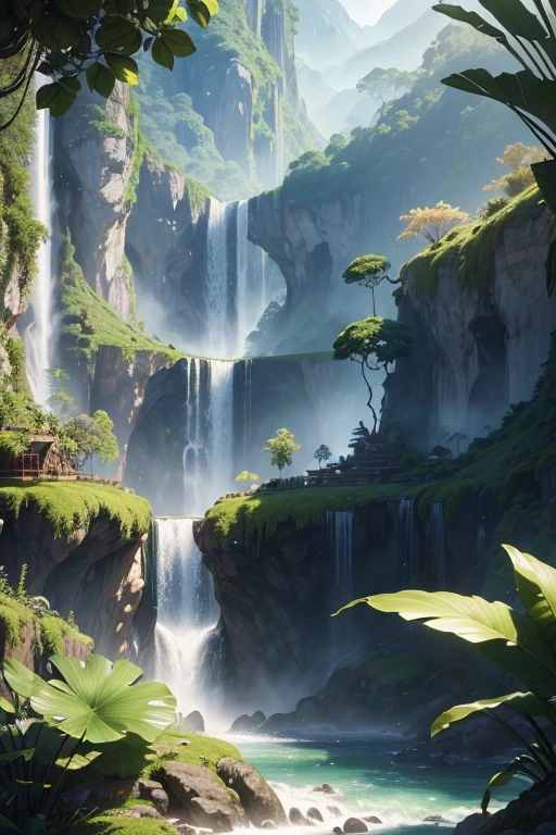 Masterpiece, best quality, (extremely detailed CG unity 8k wallpapers), (best quality), (best illustrations), (best shadows), land suspended in the air with vines on the base , with tropical rainforest on both sides, with waterfalls falling from above, isometric 3D, octane rendering, ray tracing, super detailed