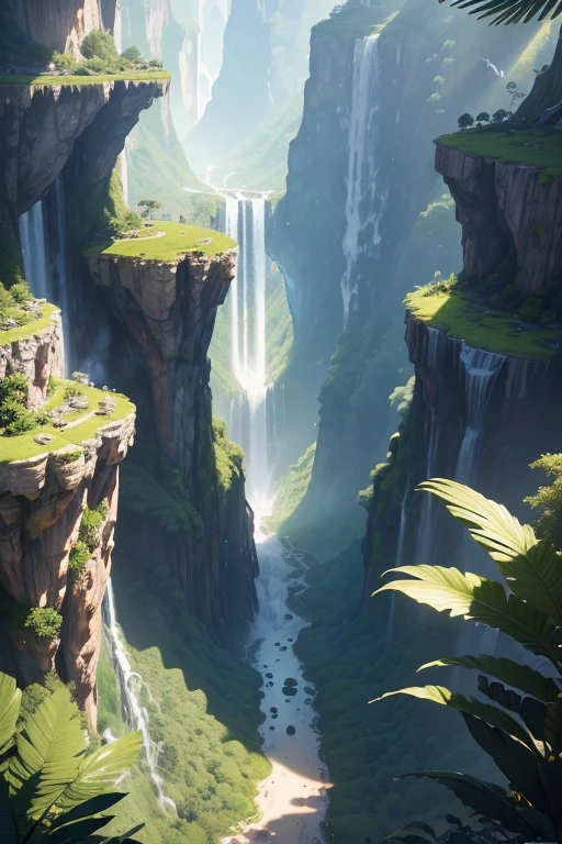 Masterpiece, best quality, (extremely detailed CG unity 8k wallpapers), (best quality), (best illustrations), (best shadows), land suspended in the air with vines on the base , with tropical rainforest on both sides, with waterfalls falling from above, isometric 3D, octane rendering, ray tracing, super detailed