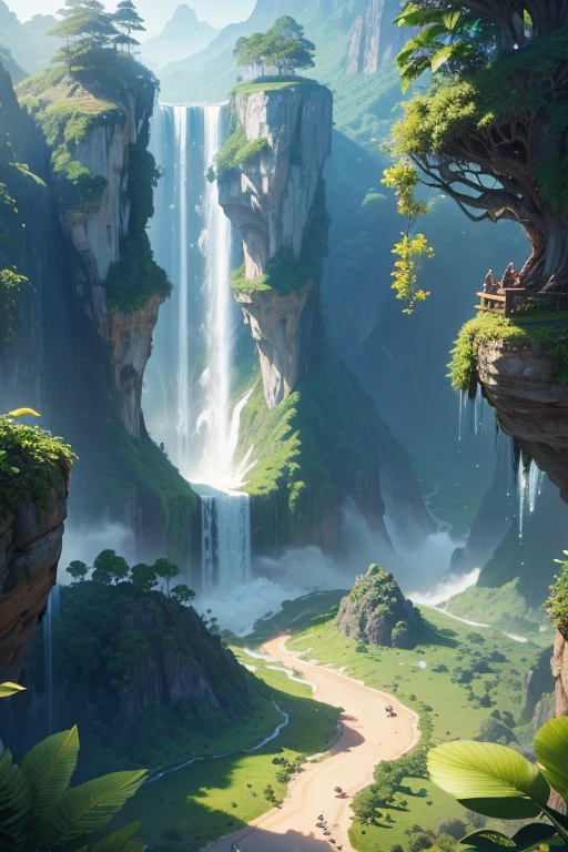 Masterpiece, best quality, (extremely detailed CG unity 8k wallpapers), (best quality), (best illustrations), (best shadows), land suspended in the air with vines on the base , with tropical rainforest on both sides, with waterfalls falling from above, isometric 3D, octane rendering, ray tracing, super detailed