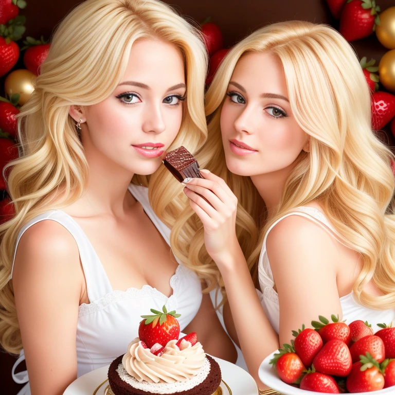 Photo realism, 4k, detail, (2 sexy blonde women), ((kissing each other as large quantities of chocolate sauce pours on their heads)), hugging, slim, petite, aged 24, perfect face, air stewardess, ((beautiful short blonde hair)), (only the top half of her head as she sinks beneath the surface of the chocolate sauce), (she is engulfed by the liquid chocolate sauce), laughing, smile, pretty, make up, red lips, (liquid chocolate sauce pours onto her beautiful hair)