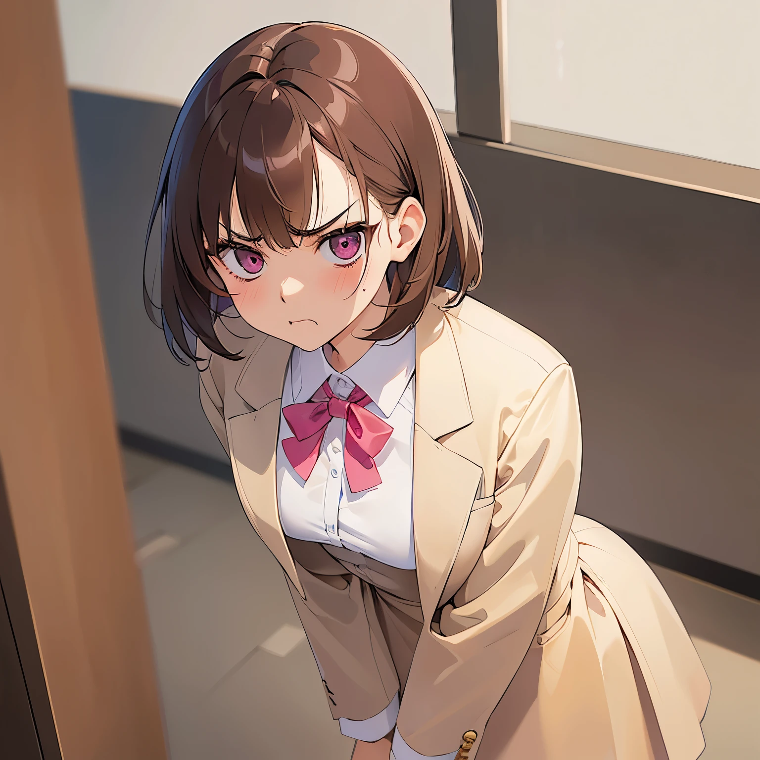 (leaning forward:1.3), Shooting from above、masterpiece、top-quality、 A 25-year-old woman with medium hair and pink eyes with brown bangs.、Wearing a beige suit、wearing a beige skirt、white shirt、blush, (annoyed:1.3)、(Staring:1.5)、is standing、The background is office、Bold composition、Upper body is shown、Alone、