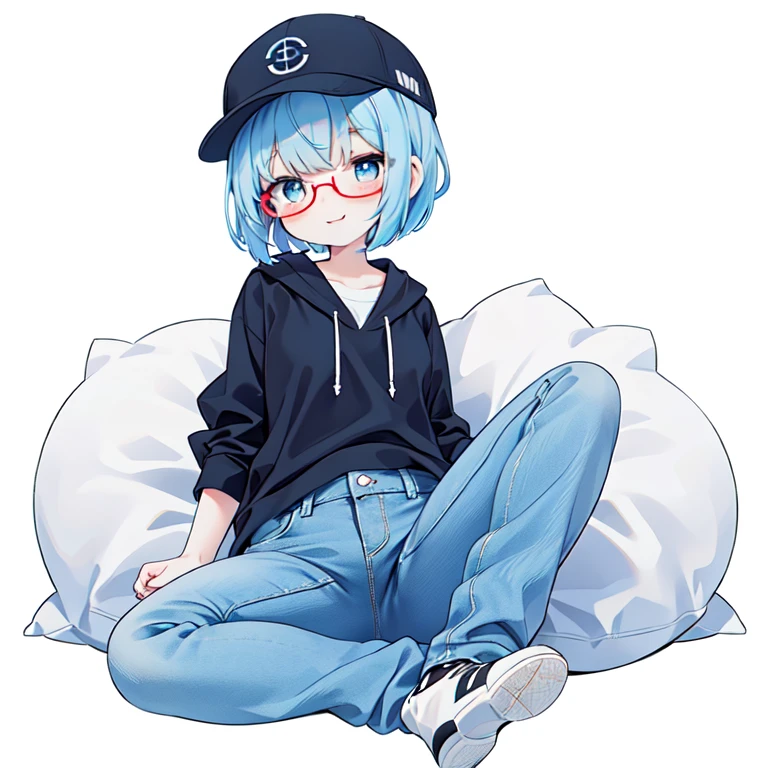 1girl in in：1.5，、face showing white background：1.3，(masutepiece), Best Quality, Expressive eyes, Perfect face, a girl wearing a black hoodie and pal blue jeans against a white background, 1girl in, Solo, Blue eyes, Round eyes, big anime eyes, Pupils in a solid circle, Smile, Deep blue hair, short pixie cut, Small breasts, red-framed_eye glass, hat, Pants, shoes, Medium Hair, Baseball Cap, denim, jeans, Full body, Smile
