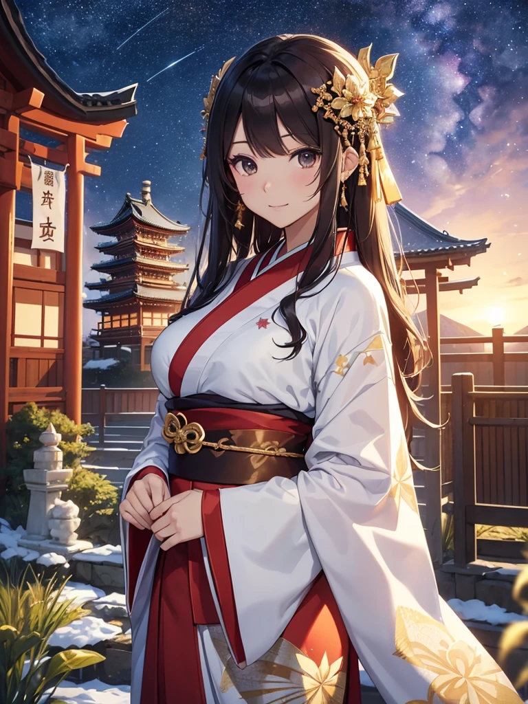 top-quality、Top image quality、Dagashi Teru Piece、Super beautiful Japanese beauty((24 year old、Japan kimono、japanese miko costume、Best Bust、big bast、Bust 90,beautiful blue long ironed hair、Brown hair、、A slender、a closeup、Esbian、Beautiful Japan hair、kanzashi、hiquality、Beautiful Art、Background with((starrysky)))But but、Superb Piece、visualart、depth of fields、low angle night sky、、Elven ears、、light magic、Space Knight、harp melody🎵、Happy smile、Gentle light、、Beautiful legs that are gentle on the skin、、、Number of fingers to achieve precise finger movements、ティッカーBeautiful decoration、elegent、Mystical　　field under the flower garden、Marble pillars, beautiful dressy、Snowy landscape in winter、、Temple of Time、、Beautiful decoration,Japan Kimono 1.3,byzantine art、Renaissance painting、Raphael's paintings、japanese art on behance、Dragon pattern、dragon decoration、Dragon decoration、Linpai、Painting by Sotatsu Tawaraya、screen、gold foil、shenron、New Year、Happy New Year⛩、sunrises、morning moment、shrines