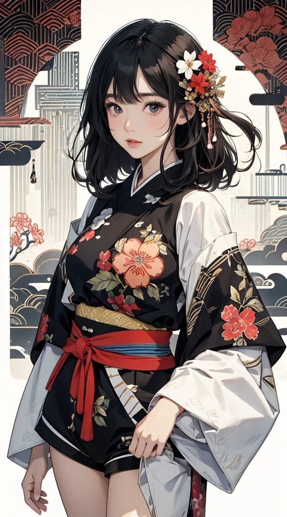 ((8k wallpaper of extremely detailed CG unit, masterpiece, hight resolution, top-quality, top-qualityのリアルテクスチャスキン)), ((a very beautiful woman, Seductive facial expressions, Plump lips, Posing like a model:1.5, The upper part of the body, Japanese pattern haori, Japanese pattern micro mini shorts)), (messy black hair, de pele branca, Small), ((Colorful background with geometric patterns, Japanese pattern background, Chill, white backgrounid)), Sumi-e, hyper realisitic, digitial painting, concept-art,