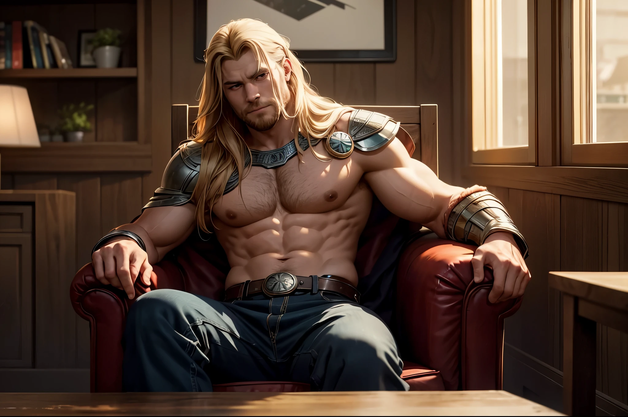 Produce an image with maximum quality and cinematic style portraying Thor in a humorous and relaxed way. Depict Thor sitting in an armchair, visibly relaxed and with an expression of fun on his face, as if he were slightly intoxicated. Place your hammer, Mjölnir, on a table next to it.