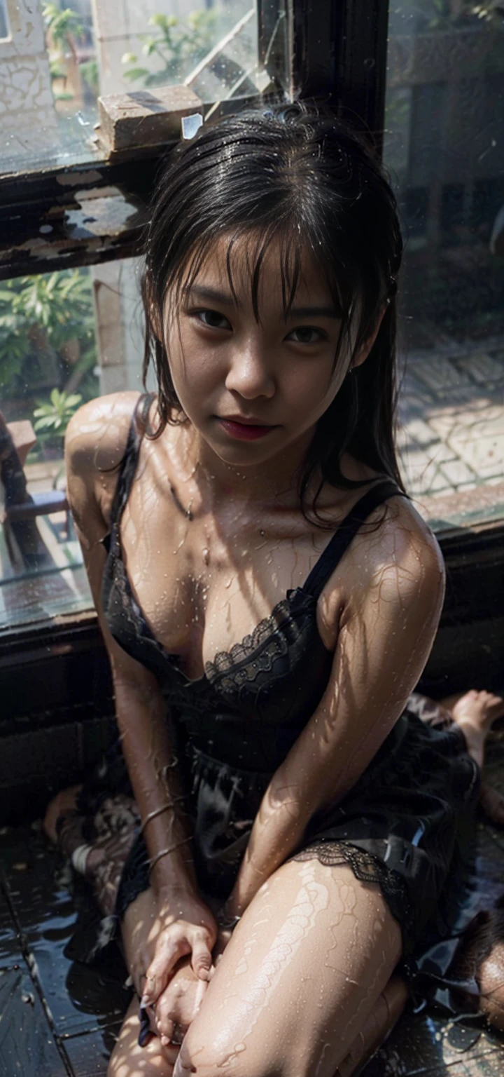 (From a straight above, bird's-eye perspective), 1girl, Realistic Chinese pretty age girl,12-years old, (black colour, sleeveless, low cut, lace) nightdress, erotic, small breast, knelt on the floor, eye gazing up to the camera, with sweat on body, sweat on breasts,wet body,wet chest,wet breasts, waiting for punishment, from above, beside the window