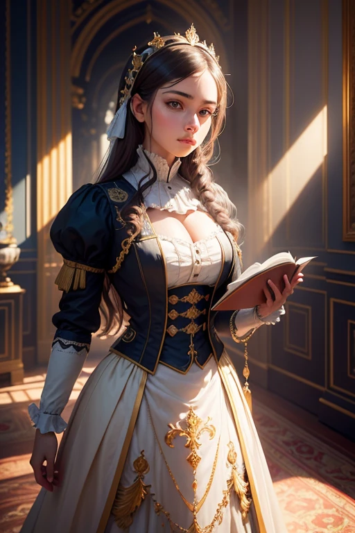 young intricate woman in royal palace, art by Ivan Aivazovsky, wide angle lens f/2.8, ultra insane high resolution intricate textures, texture indentation, perfect perspective, perfect geometry, ultra insane ambient lighting, ultra insane ambient shadows, luminism, ultra detailed busy background, tessellation, maximalism, perfectionism, IPA Award wining masterpiece,