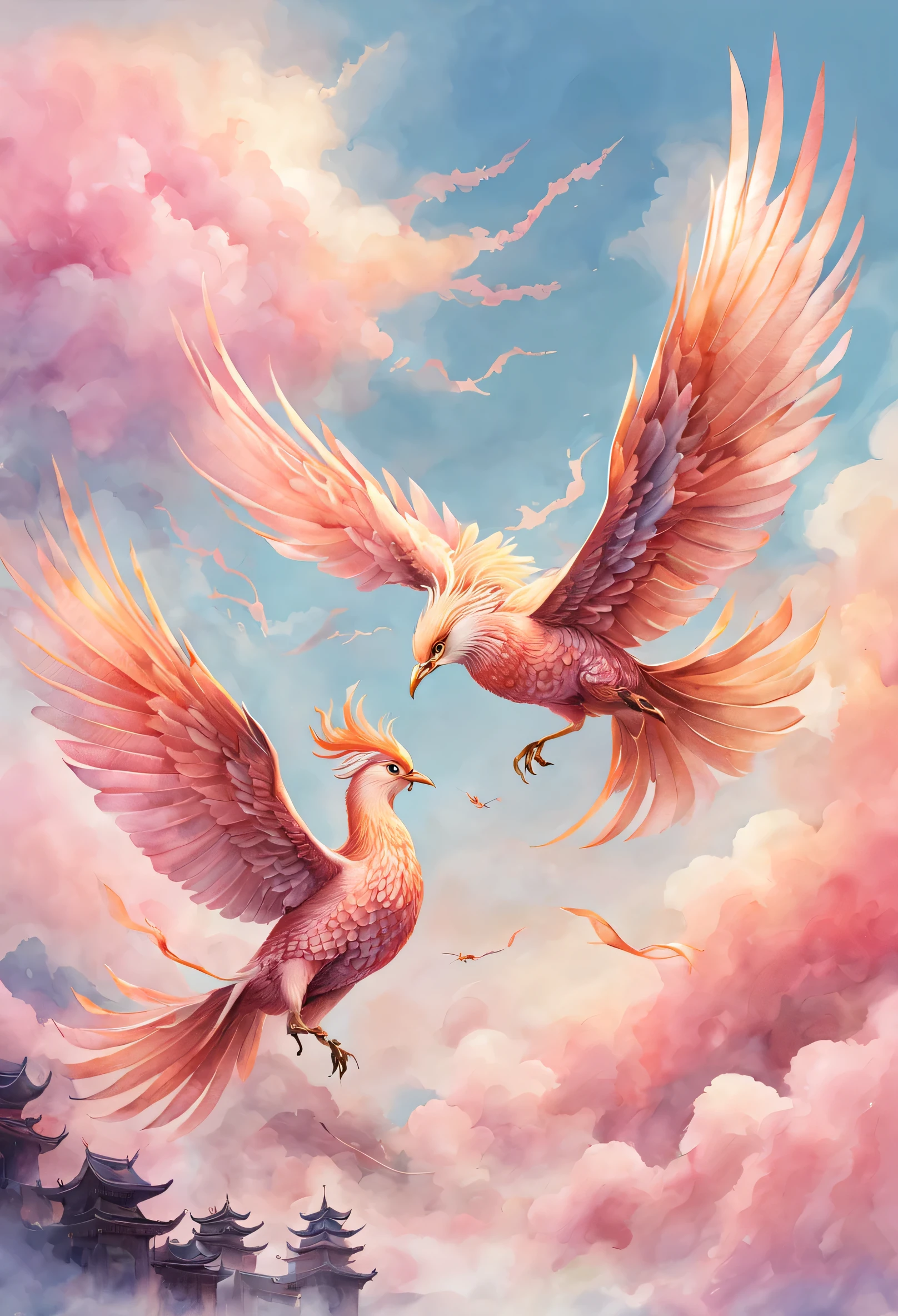 Watercolor painting，Two Chinese mythical birds flying in the sky，A high resolution,high high quality, rose gold and pastel shades， Album cover art， amazing depth， proporções perfeitas， HighDynamicRange， 8K分辨率， Perfectly balanced style， strong lights， pastel colour，A hyper-detailed masterpiece from the head of real-time engineering