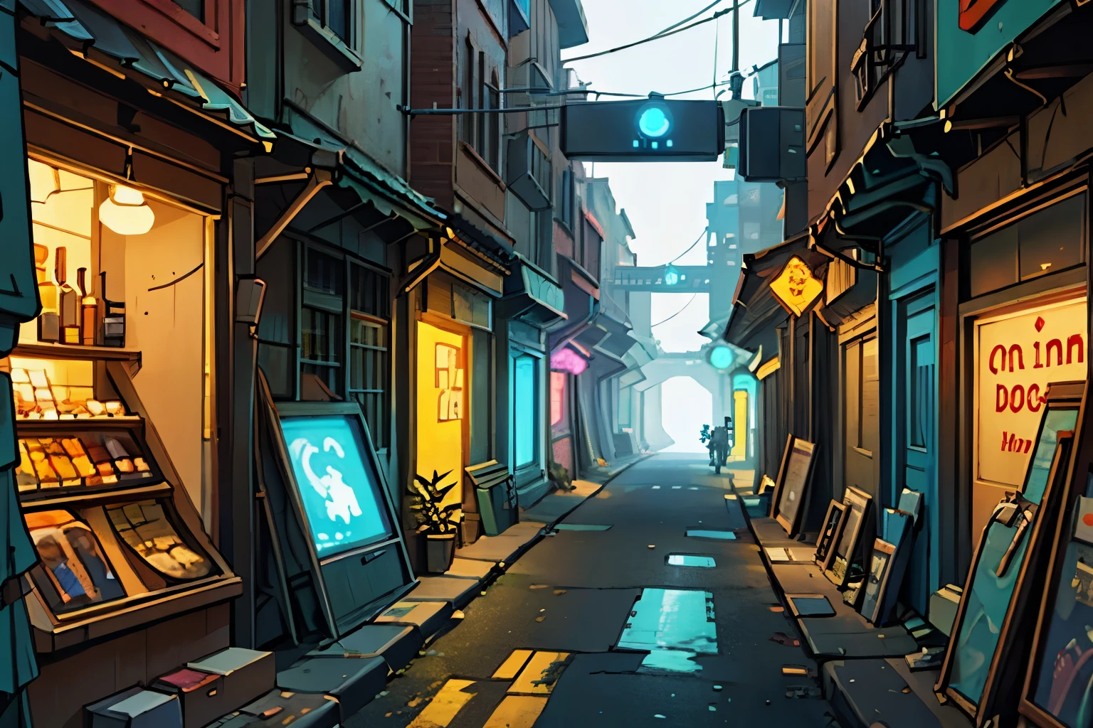 Create image of narrow street, dangerous street, poor neighborhood, (futuristic city 1.2), science fiction city