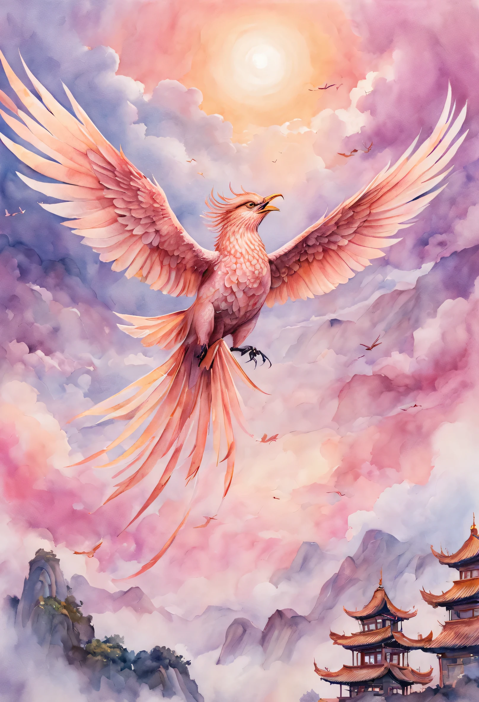 Watercolor painting，Chinese mythical animal bird flying in the sky，A high resolution,high high quality, rose gold and pastel shades， Album cover art， amazing depth， proporções perfeitas， HighDynamicRange， 8K分辨率， Perfectly balanced style， strong lights， pastel colour，A hyper-detailed masterpiece from the head of real-time engineering