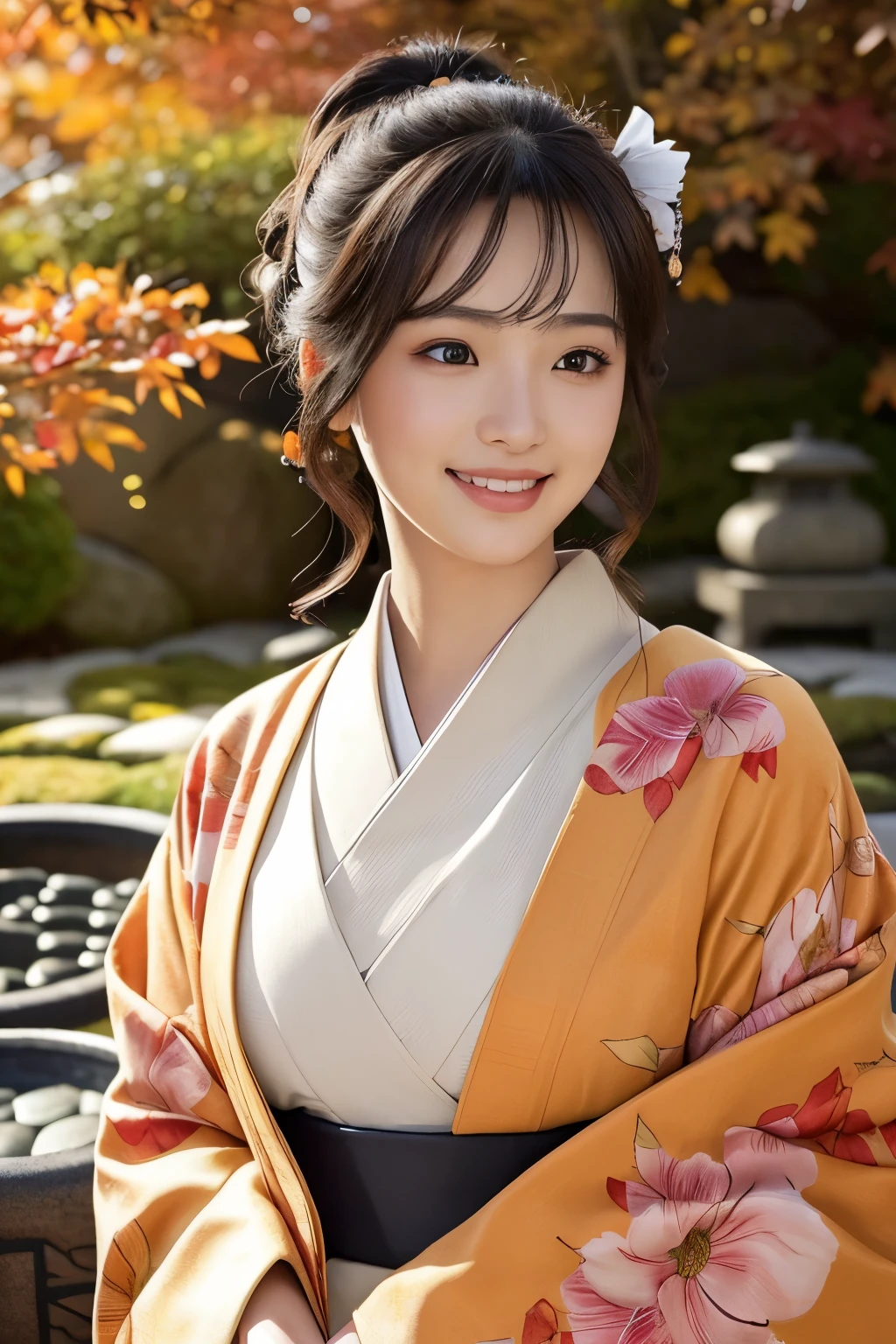 ((High Quality))(Realistic:1.3), (face perfect)(Perfect sexy body)(perfect hand)Rembrandt lighting, (masutepiece:1.2), (photoRealistic:1.2), (Best Quality), (Detailed skin:1.3), (Intricate details), Ray tracing,1girl in, japanaese girl, 21 years old, Detailed skin texture, (blush:0.5), Subsurface scattering, Smiling, updo hair, Bangs, hair between eye, Hair ornaments, Kimono, with floral pattern, wearing edgJF_Kimono, Seiza (bright sunny day, Autumn setting, Autumn trees々and leaves, (a Zen garden:1.2)