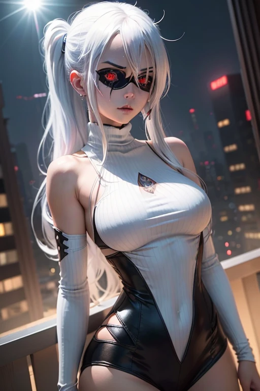 1girl, (solo), anime girl with long white hair and red eyes, girl with white hair, girl in white turtleneck, ((eyepatch)), pointed ears, ((vampire)), smirk, smug, closed mouth, cowboy shot, perfect white haired girl, white haired deity, digital cyberpunk anime art, turtleneck, lens flare, ((dramatic lighting)), soft glowing red eyes, extremely detailed, masterpiece, looking at viewer, city in background, (night)