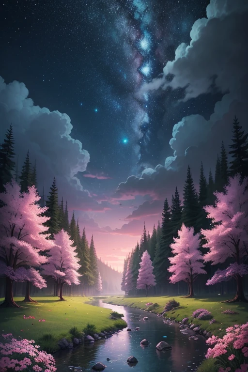 (magical pretty night sky green stream overlay scene), (sky), (clouds), soft lighting, clean background, beautiful scenery, masterpiece, high quality, beautiful graphics, high detail, epic scenery, garden, flowers, clouds, (night starry sky, river behind, huge old trees behind, falling glowing pink petals behind)