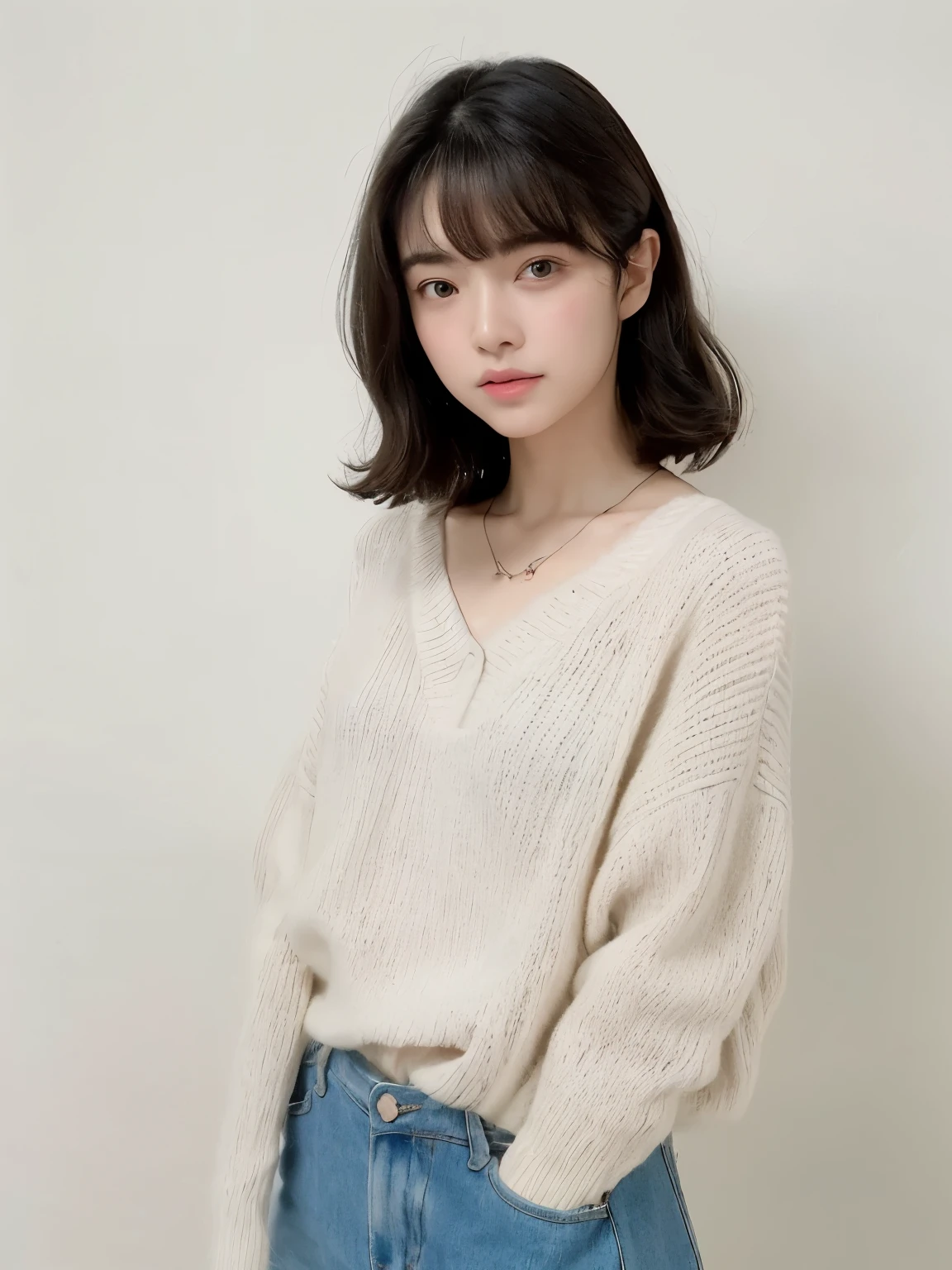 (top-quality、8K、32K、​masterpiece、nffsw:1.2)、cute little女性の、large full breasts、very short bobbed hair、The upper part of the body、sface focus、Oversized_Sweaters、a necklace、simple background、From  above、looking at the viewers、mix4、(8K、Raw photography、top-quality、​masterpiece:1.2)、(realisitic、Photorealsitic:1.37)、1girl in、cute little、profetional lighting、photon maping、physically-based renderingt、Gradient Brunette Hair、short  curly hair、a handsome、Girly、superior image quality、hight resolution、1080p、(Clear face)、(Detailed face description)、(Detailed hand description)、(masuter piece)、(Exquisite CG)、 extreme light and shadows、hair messy、​masterpiece、lush detail、(Exquisite facial features)、(The highest image quality)、(​masterpiece)、(A detailed eye)、Looking forward to your eyes、Delicate collarbones、Poses variadas、dongg&#39;dong&#39;don&#39;t watch the mela、profile、white walls、Taken in front of the white door、(窓のあるwhite wallsの部屋)、Autumn clothes、Winter clothes、シンプルa necklace、Light Blue Knit