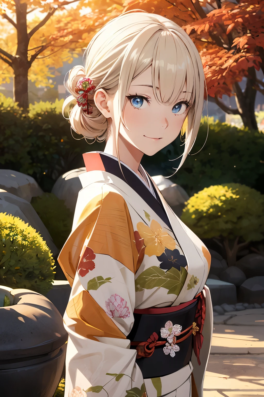 ((High Quality))(Realistic:1.3), (face perfect)(Perfect sexy body)(perfect hand)Rembrandt lighting, (masutepiece:1.2), (photoRealistic:1.2), (Best Quality), (Detailed skin:1.3), (Intricate details), Ray tracing,1girl in, japanaese girl, 21 years old, Detailed skin texture, (blush:0.5), Subsurface scattering, Smiling, updo hair, Bangs, hair between eye, Hair ornaments, Kimono, with floral pattern, wearing edgJF_Kimono, Seiza (bright sunny day, Autumn setting, Autumn trees々and leaves, (a Zen garden:1.2)