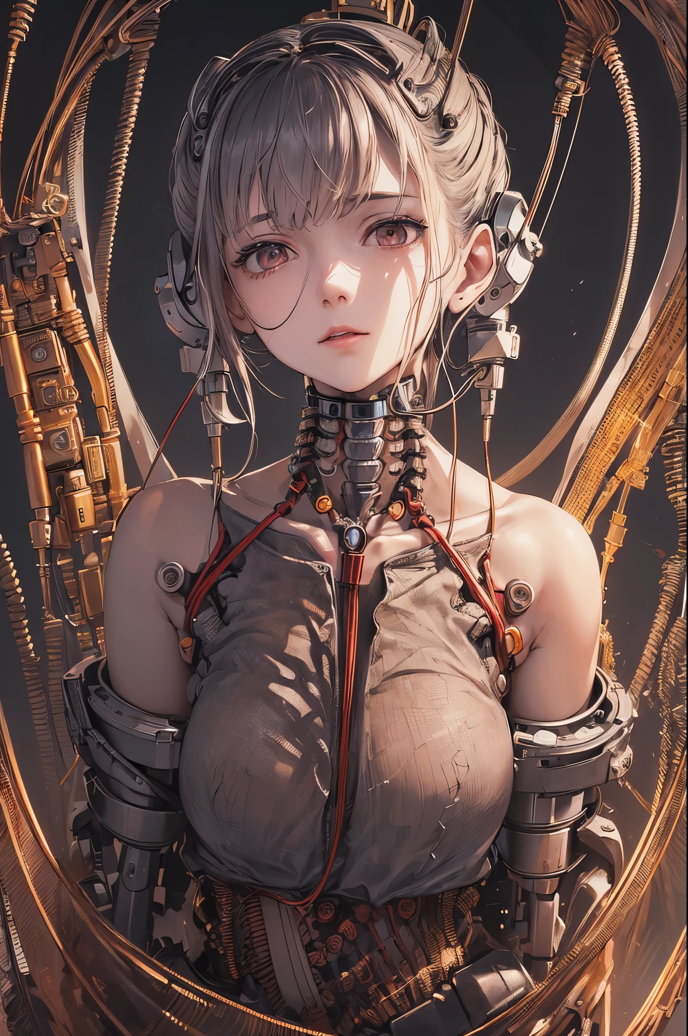 (((masterpiece))), ((highest quality)), (Very detailed), (CG illustration), (So evil and beautiful)), Cinematic Light, ((1. Mechanical Girl)), single, (Mechanical Arts: 1.4), ((Mechanical Limbs)), (Blood vessel attached to a tube), ((Mechanical spine attached to the back)), ((Mechanical cervical spine attached to the neck), (Back to viewers)), Expressionless, ( Wires and cables connected to the head and torso: 1.5), sf, Apocalypse, what&#39;Left behind, (Lower body integrated with mechanical device), (Blood: 1.5), Cruelty, Confused, eroticism, Integration with machines, The End Times, Super Future, inorganic, Research Room, constrained, (Beautiful luxury: 1.2), (1 girl: 1.3), Body wrapped around the tentacles of the machine、The lower body is mechanical