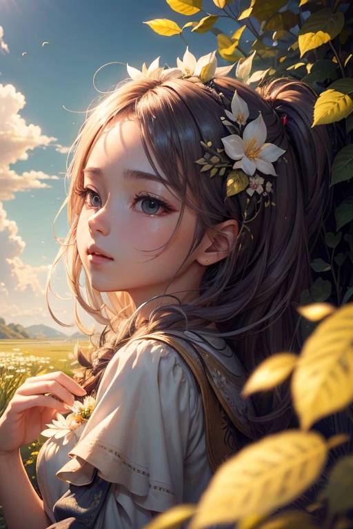 Masterpiece, highest quality, (highly detailed CG Unity 8k wallpaper) (highest quality), (best illustration), (best shadow) nature', sky, clouds, delicate leaf petals falling in the light of the air Tracking, ultra detailed