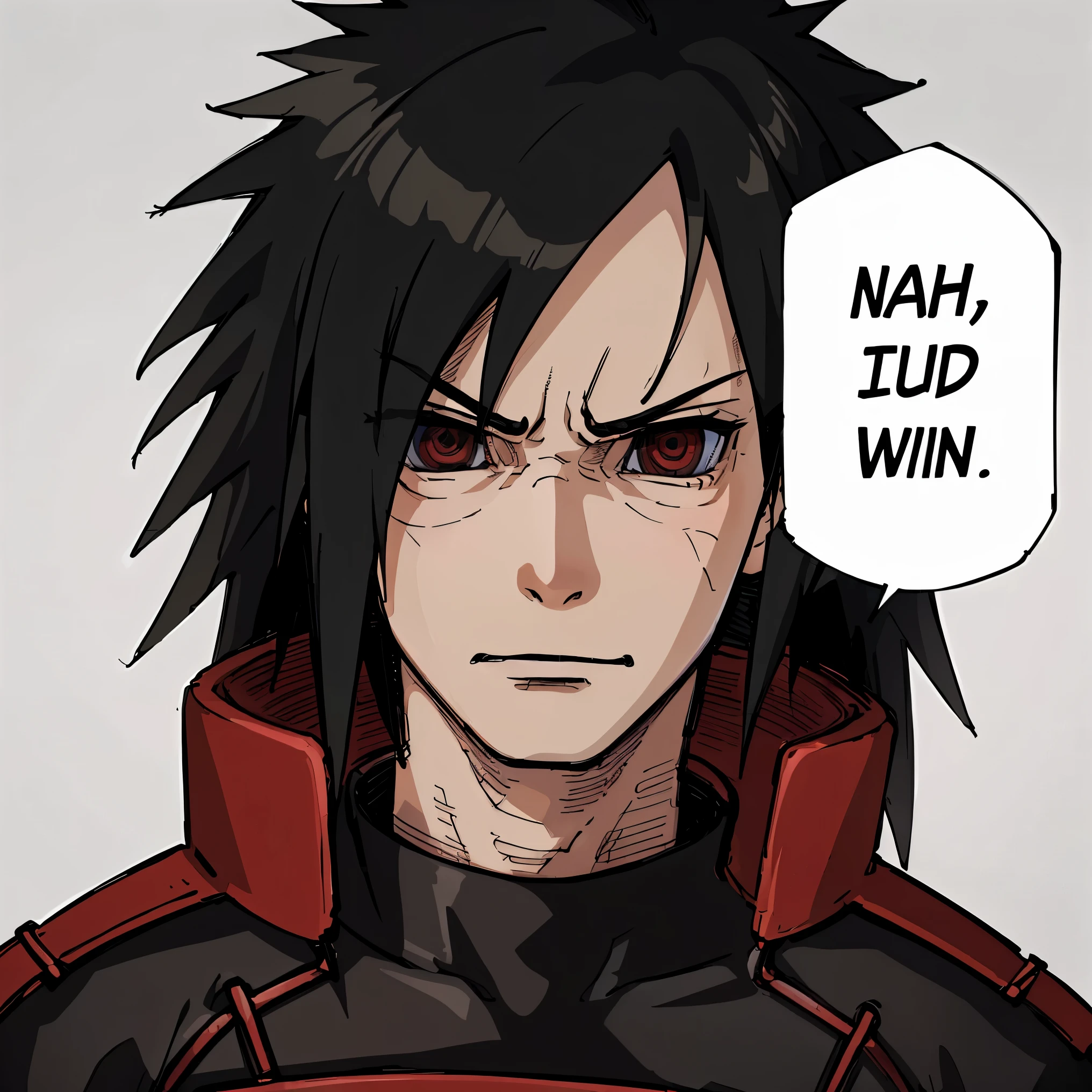 (masterpiece, best quality:1.2), nahidwin, speech bubble, english text, close-up, solo, male focus, 1boys, madara uchiha, angry