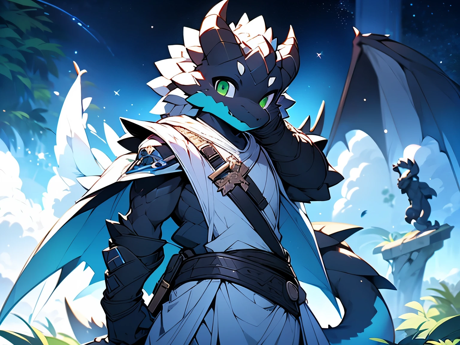 One-，medium build，There are two black dragon horns on the head，The skin is pure black，dark black wings，dark black tail，Emerald green eyes。Wearing blue and white cloth，He has a short sword on his waist，sagacious，credibly，Stand under the stars