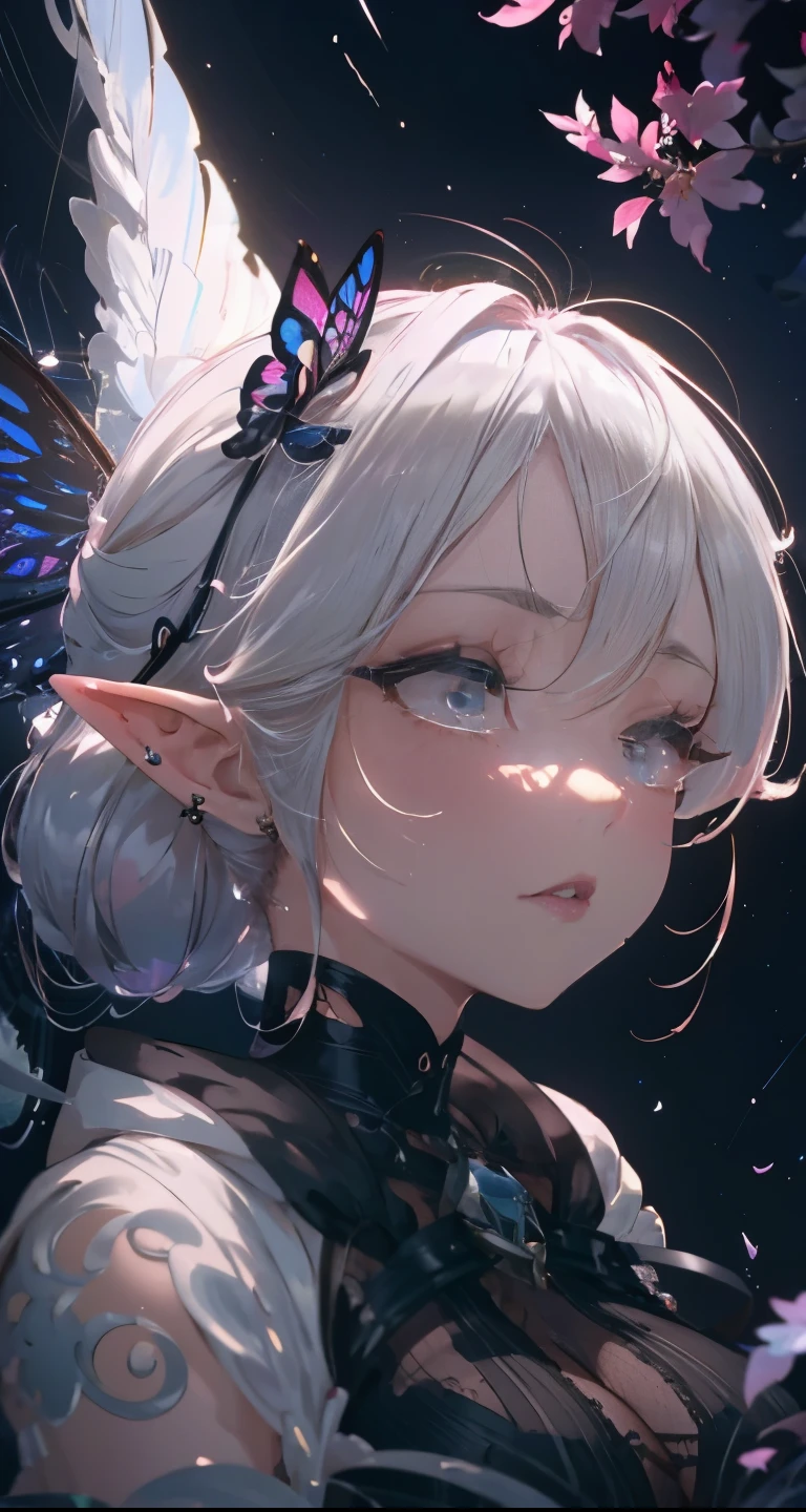 PERFECT MASTERPIECE, EXTREMELY DETAILED CG UNITY 32K UHD QUALITY RESOLUTION WALLPAPER, PHOTOREALISTIC, RAW PHOTO, PERFECT PHOTOGENIC CLARITY, OFFICIAL ART, AWARD-WINNING PORTRAIT, ULTRA HYPER-REALISTIC, ULTRA HYPER-DETAILED, SHINY REALISTIC SKIN, RAY TRACING, The most beautiful and sexy elf goddess, very long blonde hair, vibrant moonlight eyes, long detailed eyelashes, blushing, full pouting pink lips, curvy body type, full hips, super huge enormously gigantic tits, cleavage showing, gigantic tits bursting out of her outfit, tons of tattoos and piercings, wearing highly detailed hooded full body one piece battle armor with lots of buckles straps zippers and thigh high boots, colorful fairy wings, arching her back in a sexy seductive slutty pose, looking at the viewer, close up pov camera view from below, sexy seductive slutty facial expression, cherry blossoms and butterflies blowing in the wind, enchanted cosmic aesthetic atmospheric background