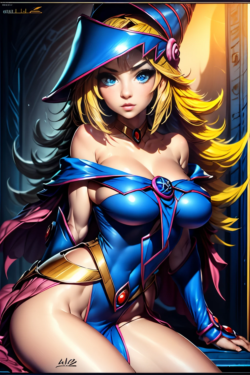 mejor calidad, obra maestra, cabello rubio, ojos azules, mirando hacia arriba, parte superior del cuerpo. Dark magician gils. Rostro de Diosa.