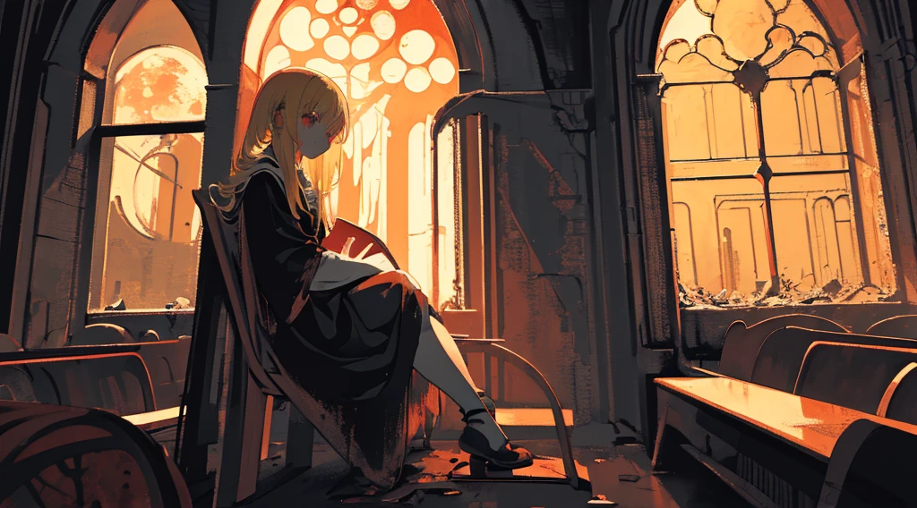 (sister, blonde hair, red eyes, sitting in a chair), (abandoned church, red moon outside the window), (low contrast, flat color, limited palette)