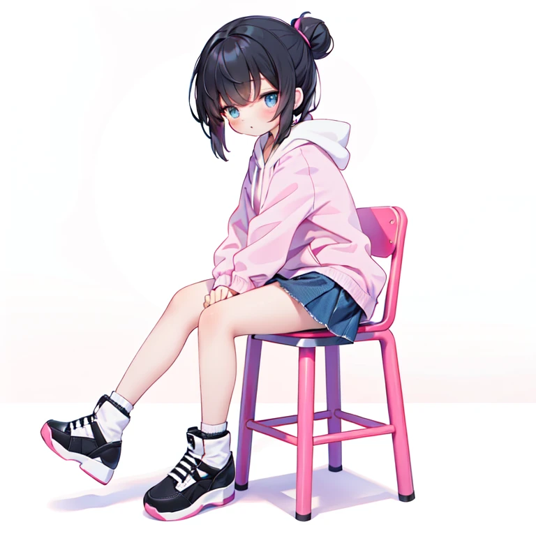 (masterpiece), best quality, expressive eyes, perfect face, the girl sits on a stool in the studio with the pink wall behind her, 1girl, solo, shoes, shadow, hood, black hair, topknot hair, long denim skirt, sitting, pink background, white footwear, white hoodie, hood down