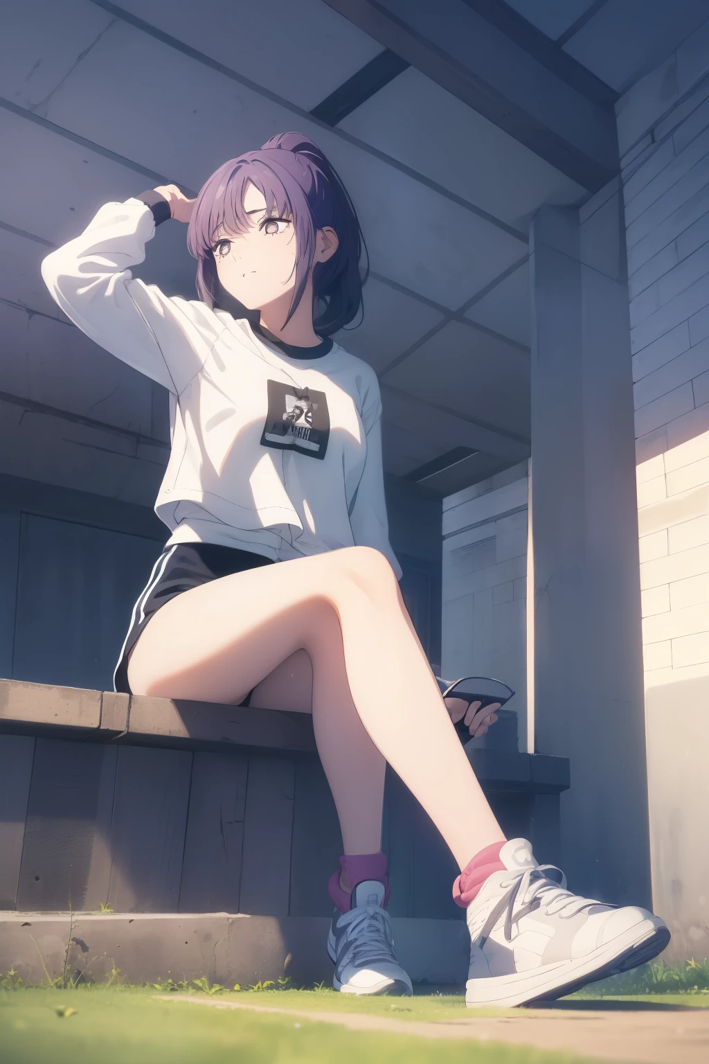 ((((Obra maestra, La mejor calidad, ultrahigh resolution)))), 1girl, ponytail, ((sneakers, shoelaces)), track, (((outside)))