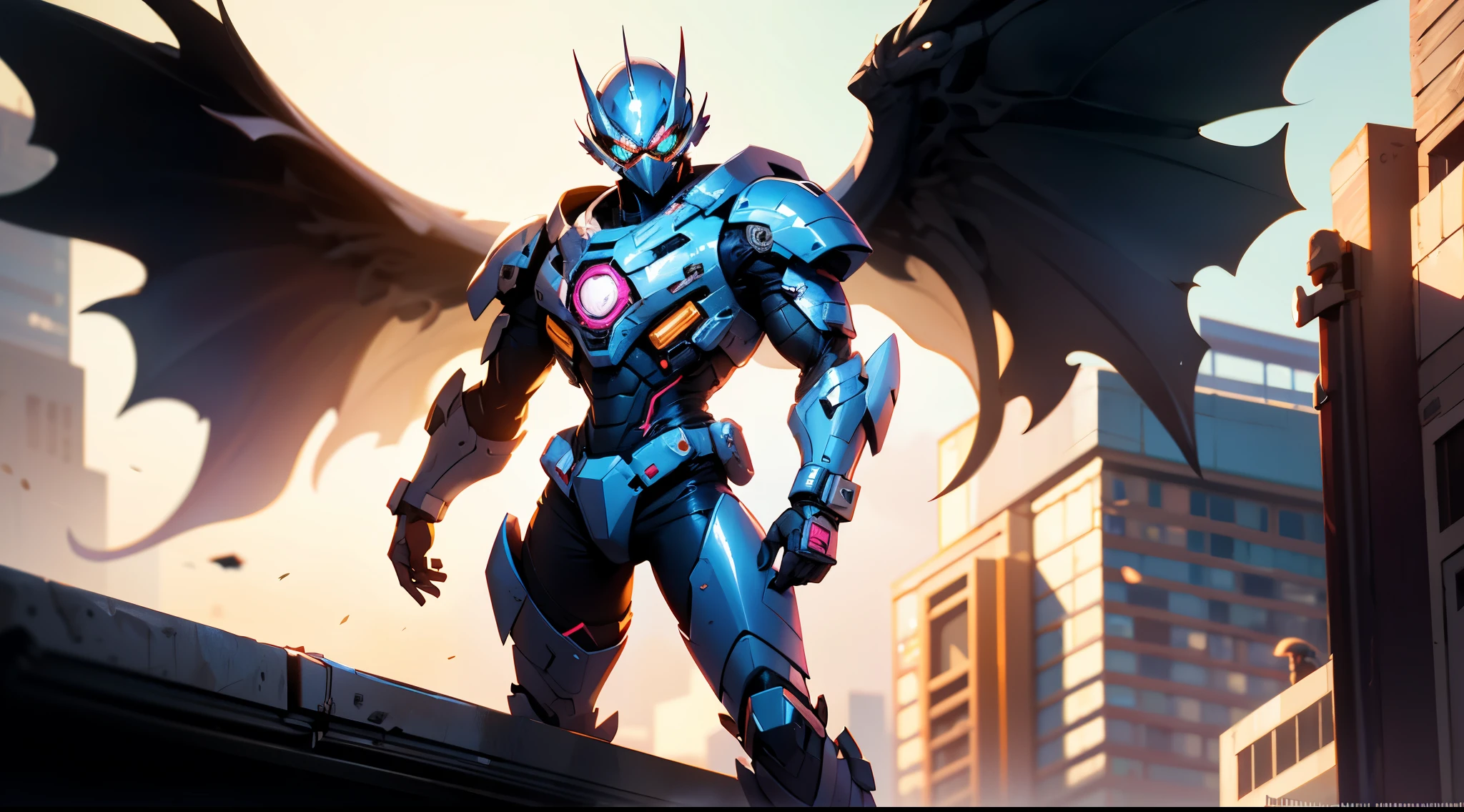 A super a high-tech biotech battle suit, standing on a rooftop, looking over the city, Japanese tokusatsu and American comic style, biometallic texture of the suit, sleek and shiny, dynamic, fast, natural light, cinematic, high quality, high resolution, high detail, sophisticated design, dramatic, high definition, ultra-detailed, ultra-fine painting, extremely delicate, creativity, Natural light, cinematic lighting, best shadow, masterpiece-anatomy-perfect